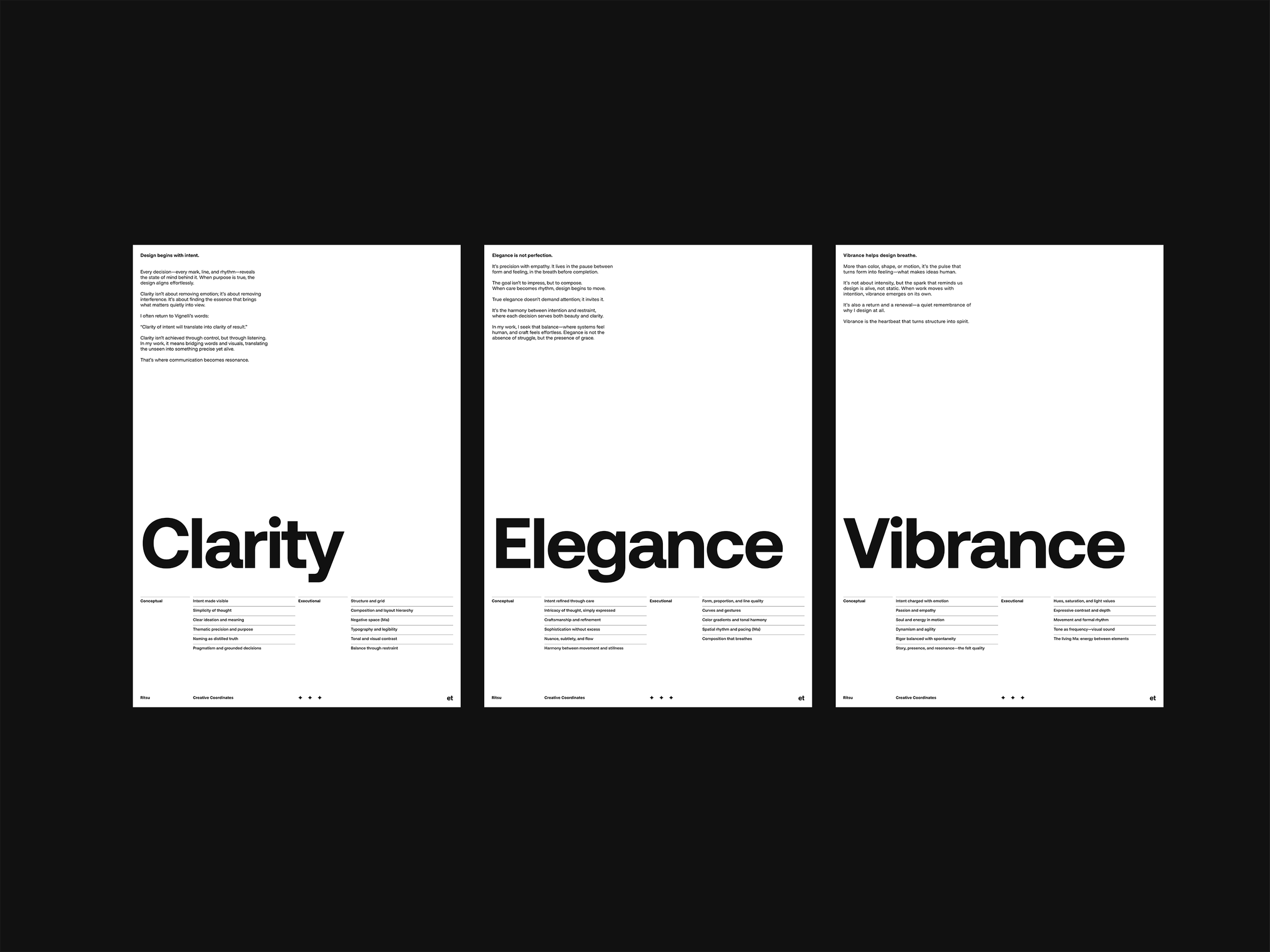 Ritsu creative coordinates by eisuke.design — three principles for craft: Clarity, Elegance, and Vibrance.