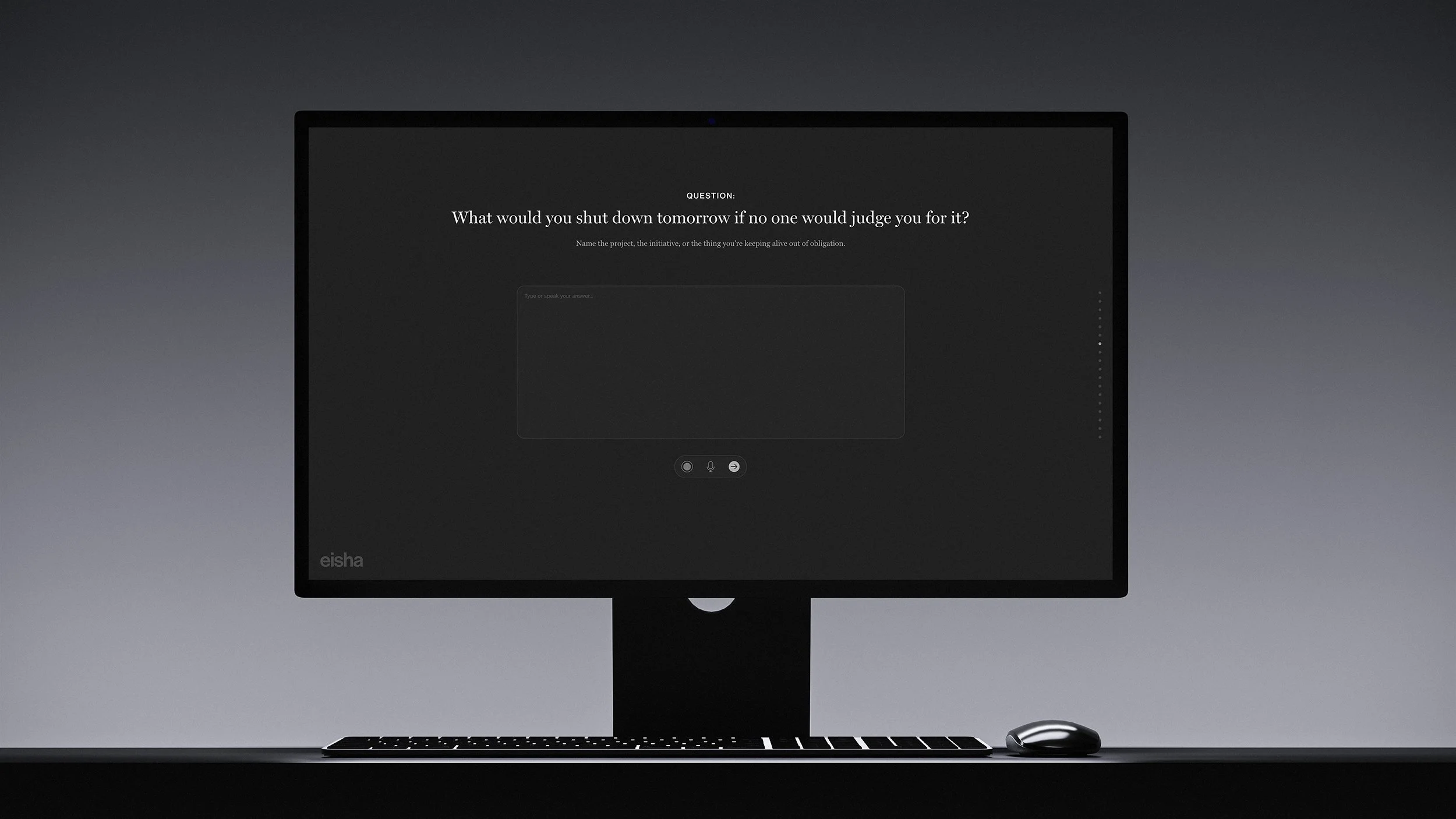 Eisha intake screen by eisuke.design — reflective prompt to surface organizational truths before diagnostic begins.