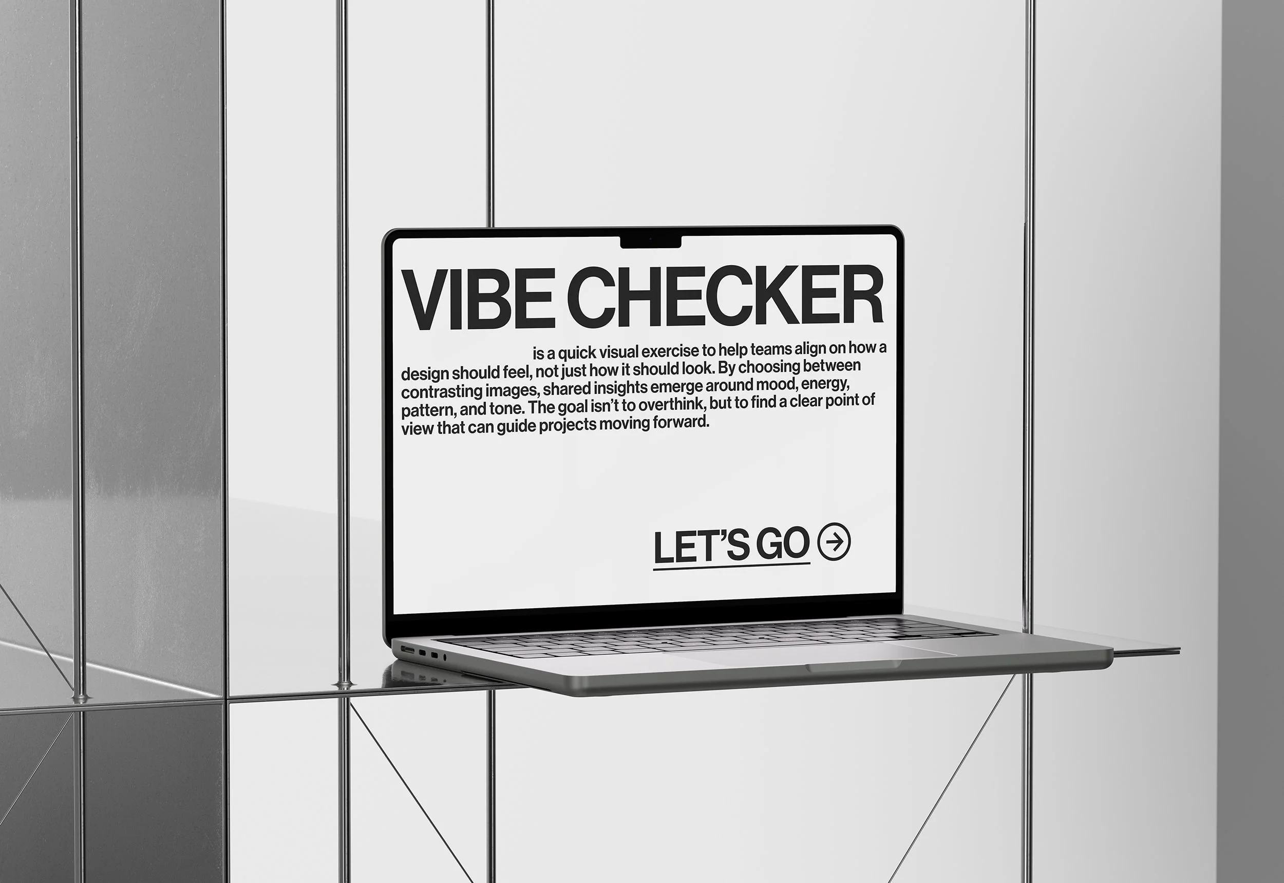 A laptop on a glass shelf displays a screen with the heading 'VIBE CHECKER' and a description about a visual exercise for teams, with a 'Let's Go' prompt and arrow.