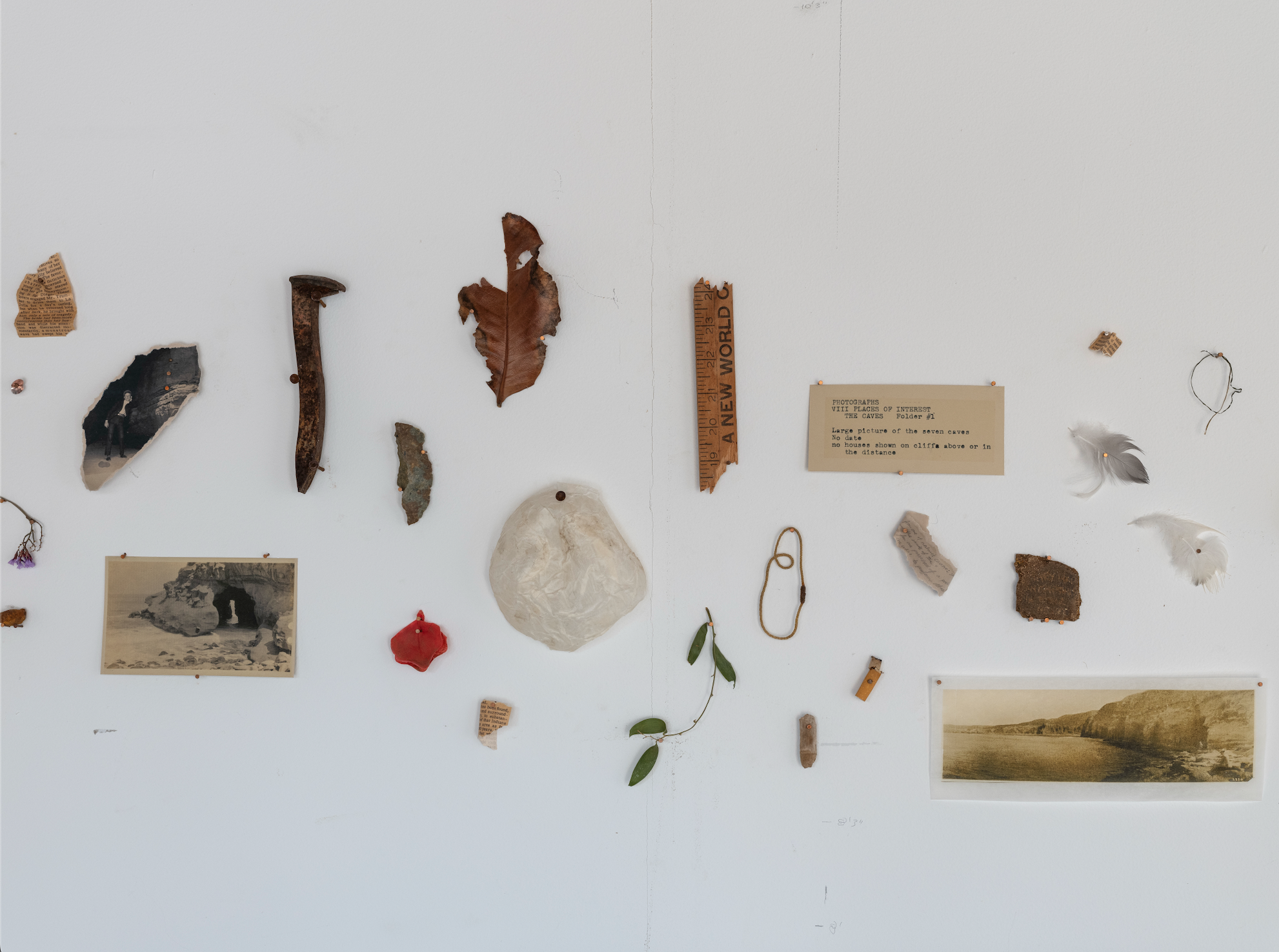 La Jolla Shores - Fragmented Stores , Found fragments from area around La Jolla caves, handmade mixed-media objects, and images and text from La Jolla Historical Society archives, 2024 (Photo credit: Pablo Mason)
