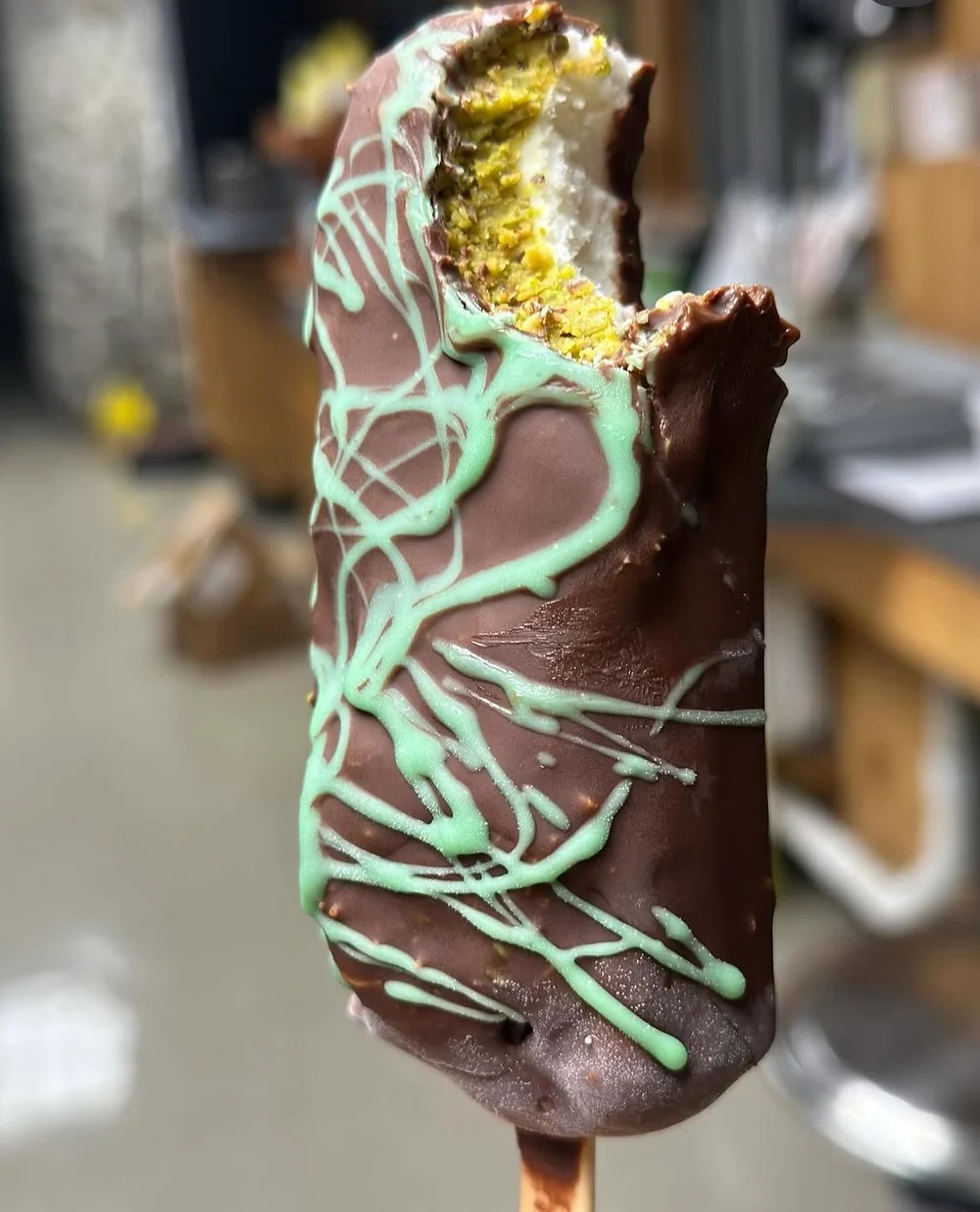 Dubai chocolate gelato bar with pistachio crunch and chocolate shell