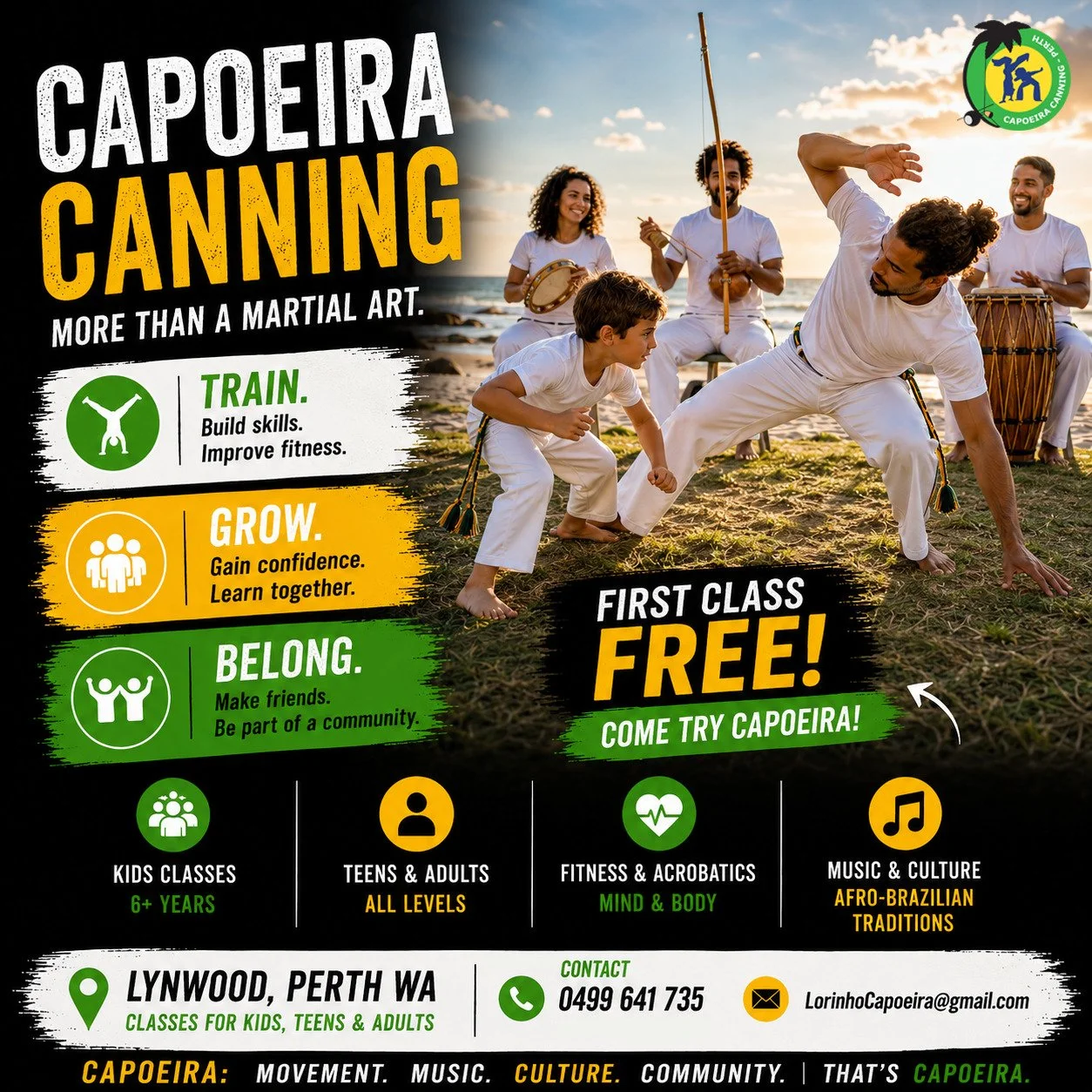 Capoeira is more than a martial art.
It&rsquo;s acrobatics, music, movement, culture, fitness, fun and community. 👣🥁

Think it looks amazing but impossible?
Good news, everyone starts as a beginner.

Capoeira is a fun and welcoming way for kids, te