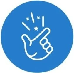 Outline of a hand with the index finger pointing upward, surrounded by small stars and lines, all inside a blue circle