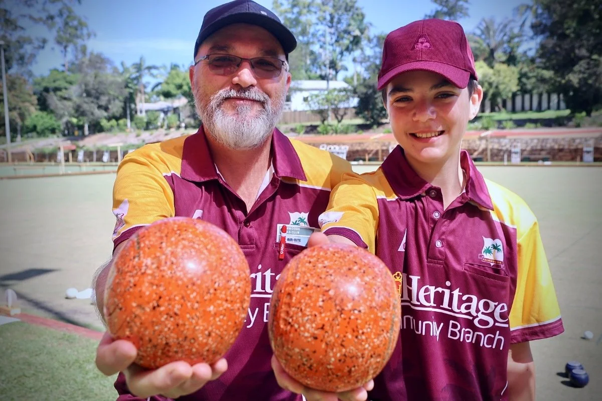 Young gun and his Dad take to bowls at Palmwoods club, much to members’ delight