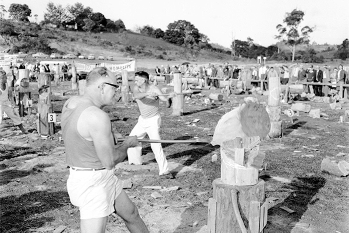 Competitors in the 12 inch standing woodchop competition 1964