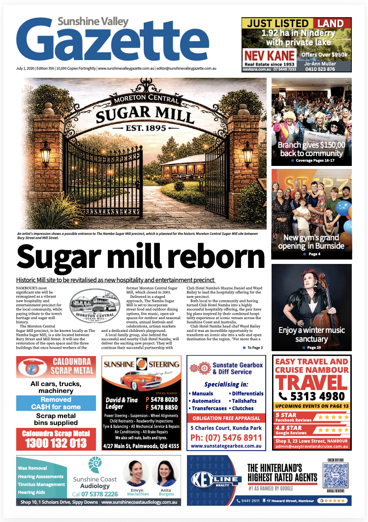 Front page of the Sunshine Valley Gazette featuring a photo of the entrance to the Sugar Mill historic site, with headlines about local news and advertisements.