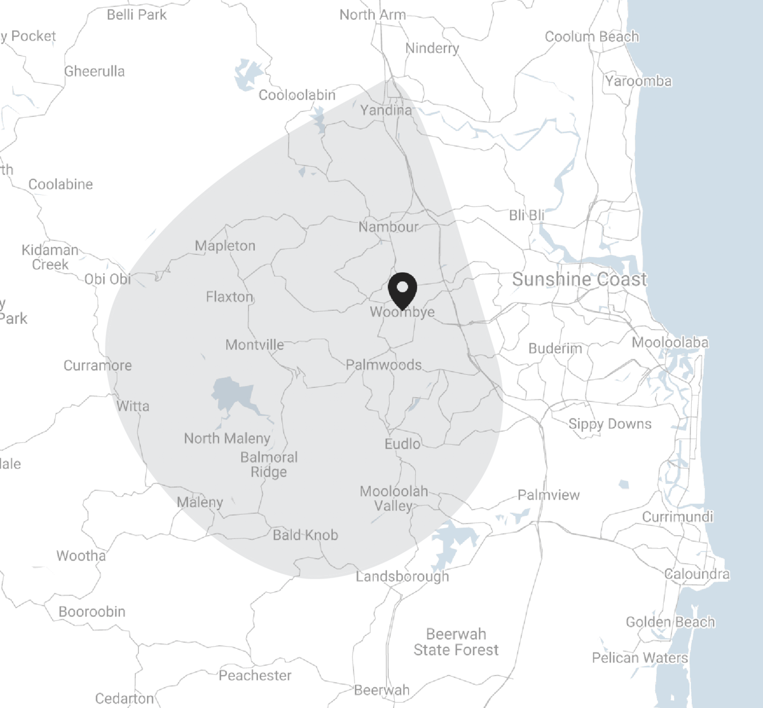 Map showing a specific area of Florida, centered around Woombye, with surrounding towns and landmarks.