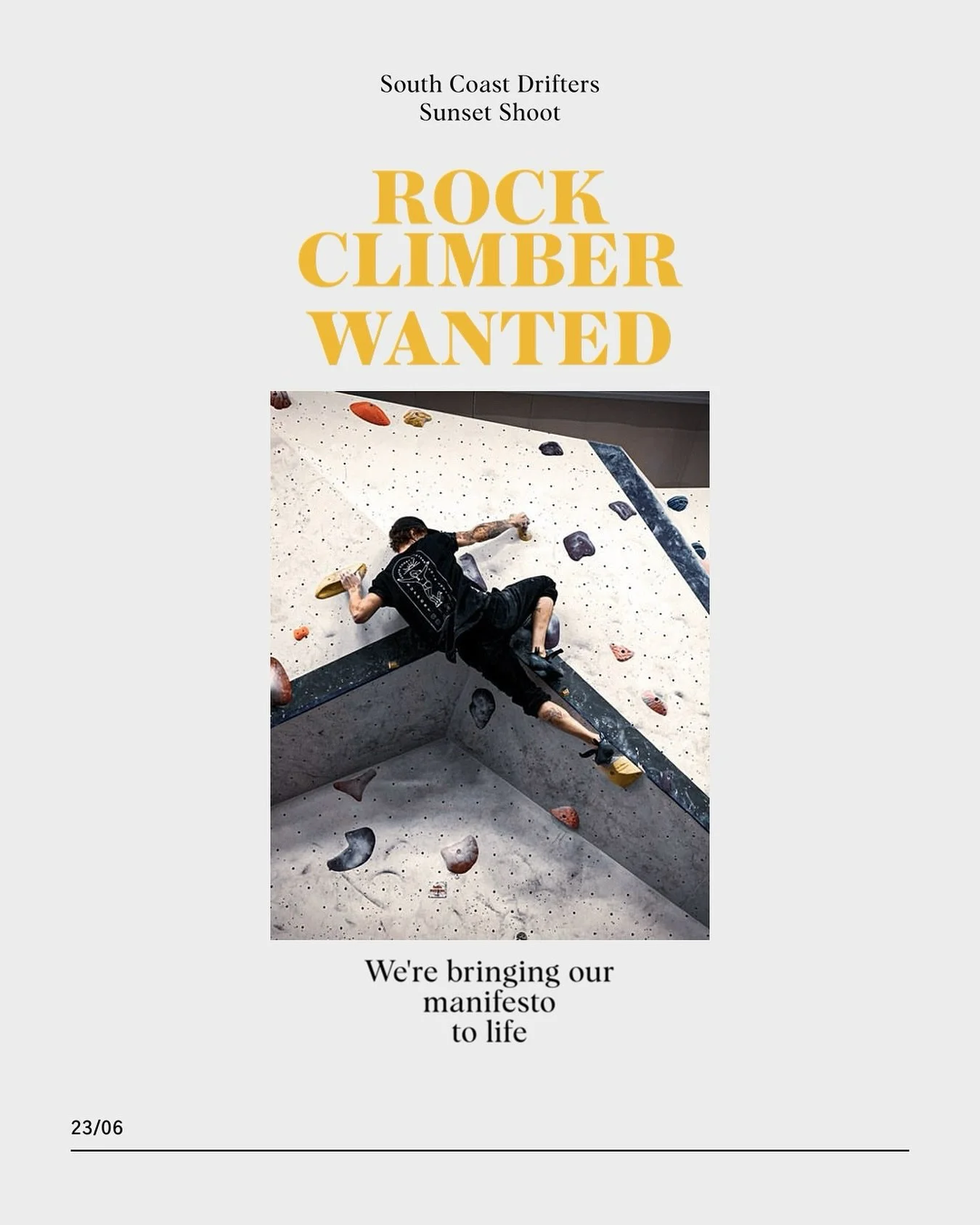 MODEL CALL &mdash; SUNSET SHOOT 🧗&zwj;♂️🌅

We&rsquo;re filming a key scene of our manifesto &mdash; and we&rsquo;re looking for a local climber to help bring it to life. Someone who&rsquo;s confident on the rocks, and fits the Drifter spirit.

📍 S