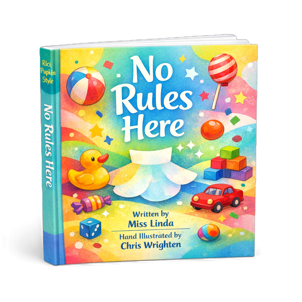 Colorful children's book titled 'No Rules Here' with illustrations of toys including a rubber duck, toy car, stacking blocks, ball, and candy, against a vibrant, pastel background.
