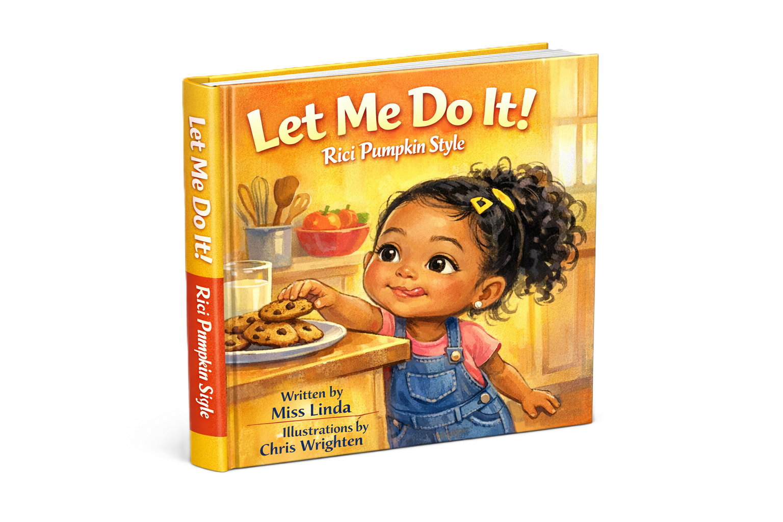 Children's cookbook titled 'Let Me Do It! Rici Pumpkin Style' featuring an illustration of a young girl with curly black hair, wearing a pink shirt and blue overalls, reaching for cookies on a plate in a kitchen setting.