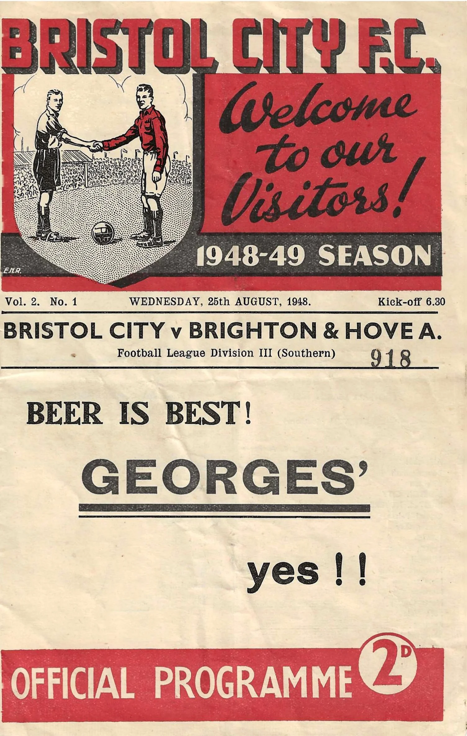 25 Aug 48 v Bristol City D 1-1