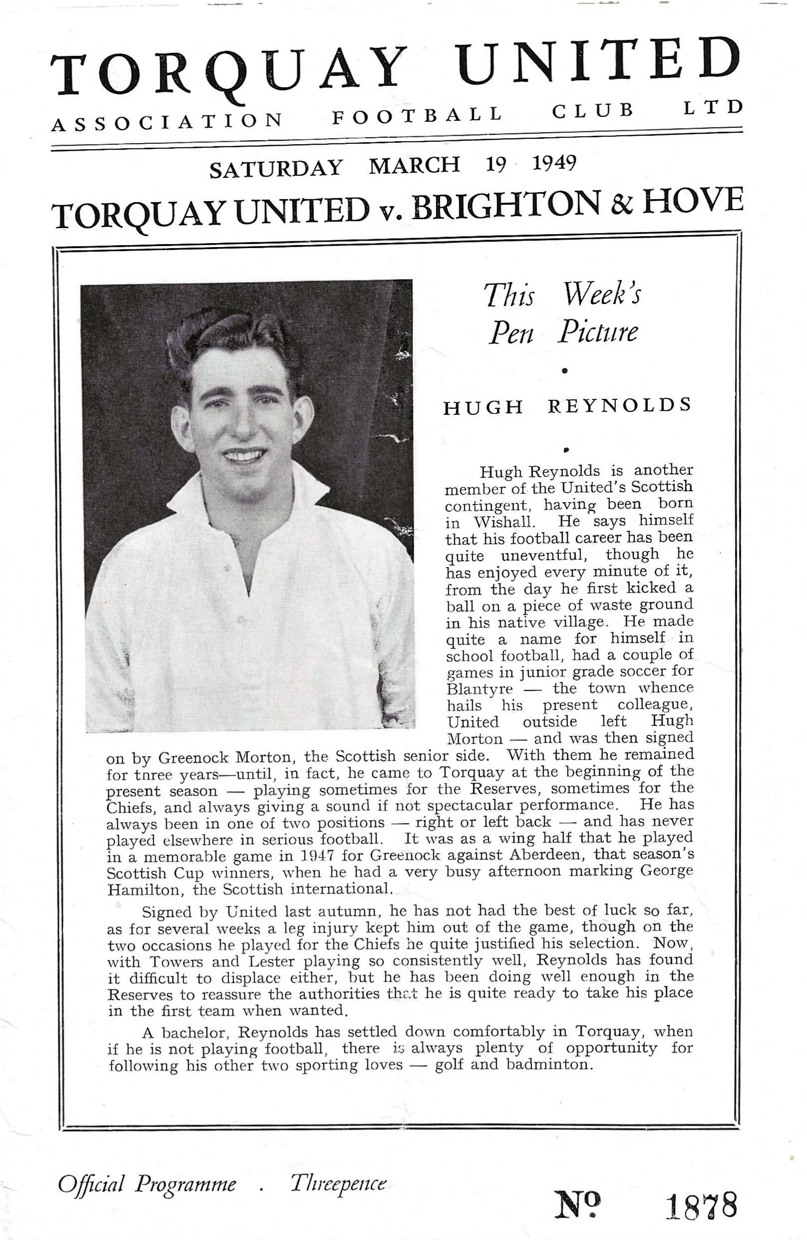 19 Mar 49 v Torquay United D 1-1