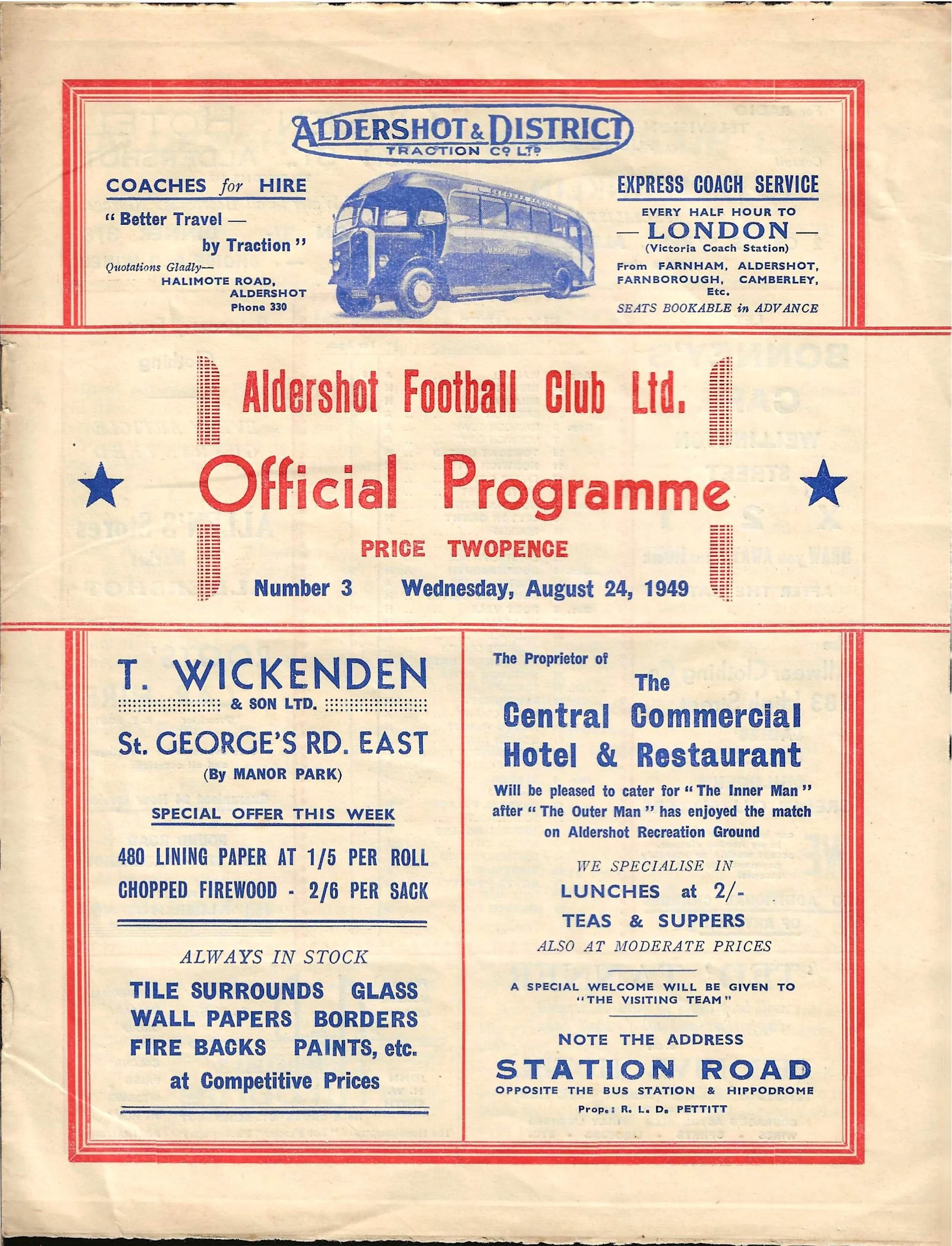 24 Aug 49 v Aldershot W 1-0