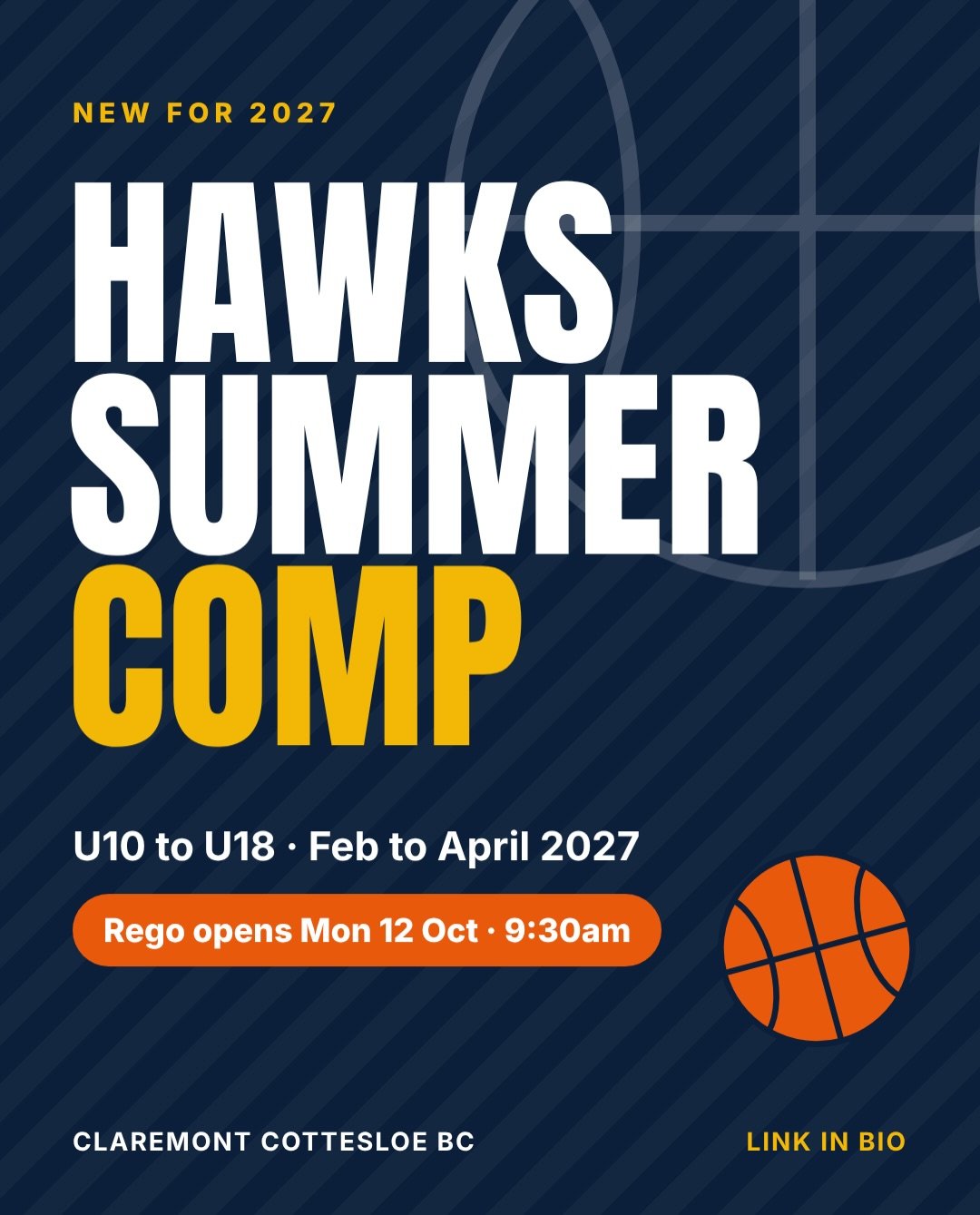 NEW HAWKS SUMMER COMP

For the first time Perry Lakes Hawks is running a Summer Social Competition for u10 to u18 teams, running Feb to April 2027.

Registrations open Monday 12 October 9:30am

Get your team together and register early ! 

All detail