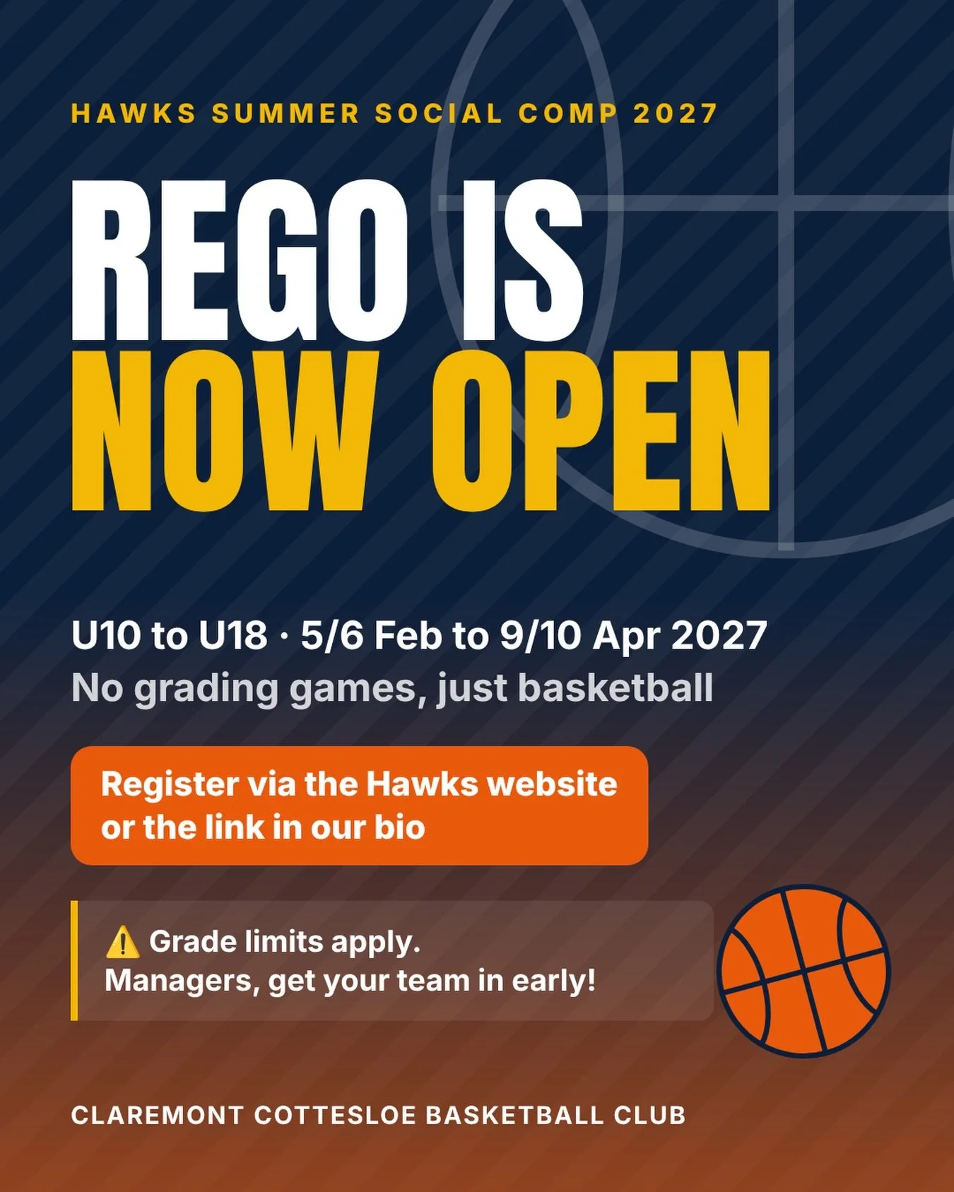 🏀 REGO IS NOW OPEN! 🏀
Registrations are open for the first ever Hawks Summer Social Competition.
📅 5/6 Feb to 9/10 Apr 2027, finals included 🏀 U10 to U18 📍 U14 to U18 Fridays at Bendat &amp; Lords, U10 &amp; U12 Saturdays at Lords 💰 $200 per pl