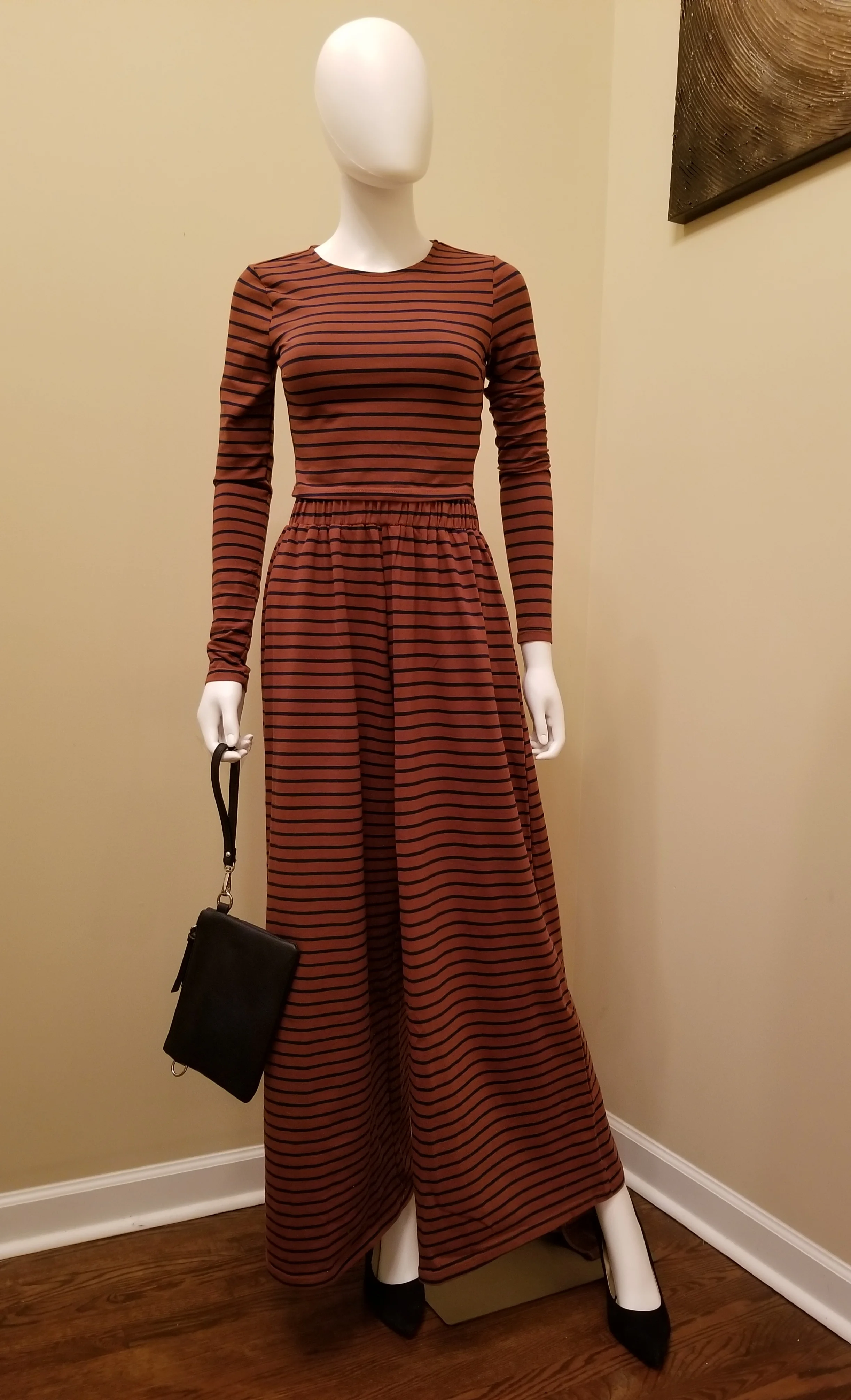 mannequin in brown stripped pants set front view