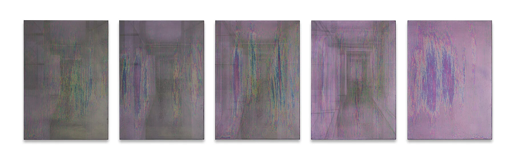 Shadows, Alkyd, oil and violet pigment on canvas 70x50cm x 5 teosta, 2018. Photo: Rauno Träskelin, Makasiini Contemporary.