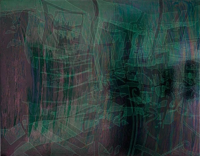 Distorted Stage, alkyd, oil and green pigment on canvas, 150x180cm, 2020. Photo: Rauno Träskelin/ galleria Makasiini Contemporary.