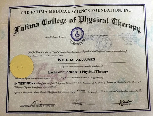 Bachelor of Science in Physical Therapy Diploma – Our Lady of Fatima University