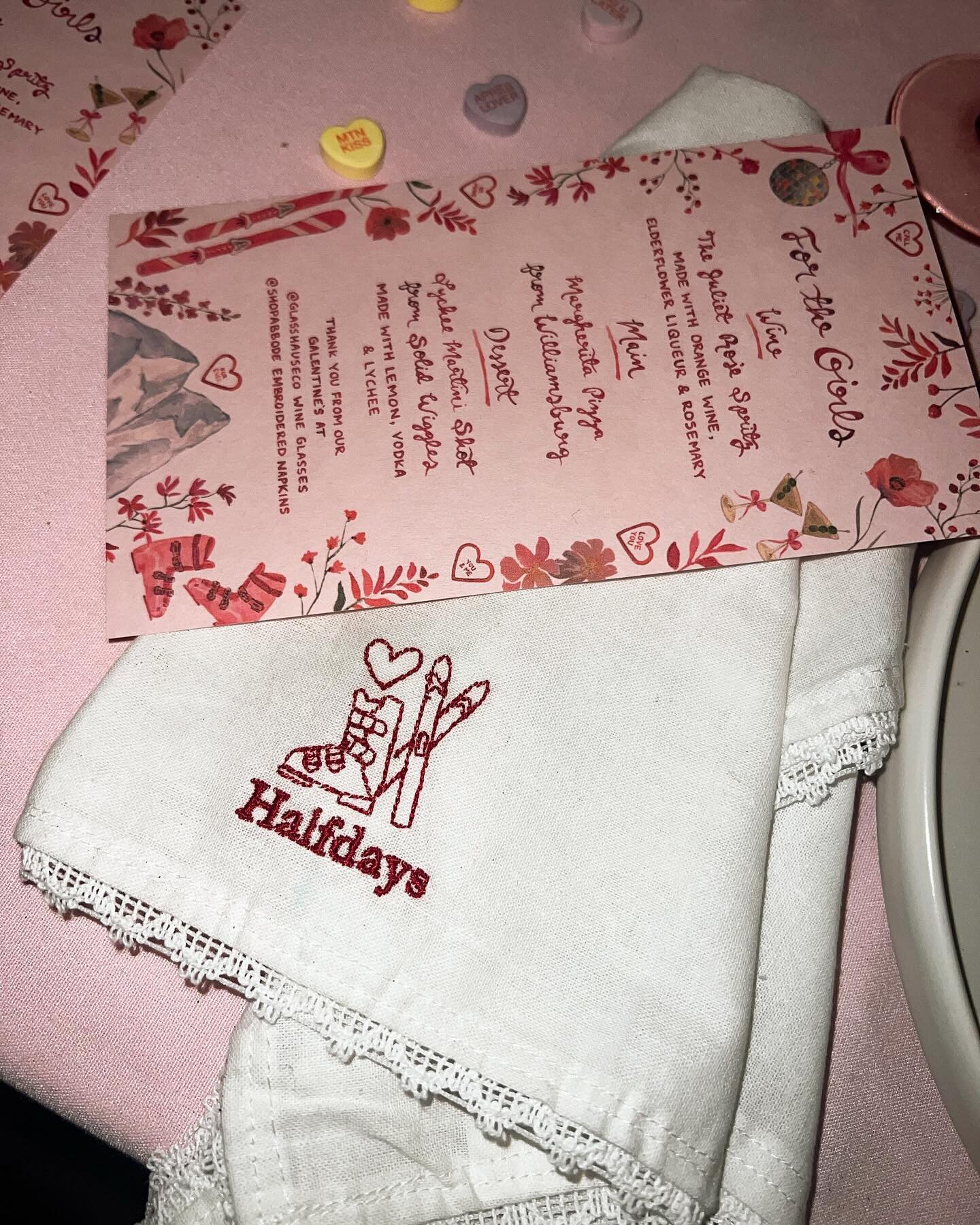 Dinner for the girls ~ menu &amp; place cards for @halfdays Galentines dinner 🎀🗻❣️🪩 #valentines #galentinesday #skiislife #eventdesign #watercolorillustration #illustratedmenu #watercolor #placesetting #thelandofla