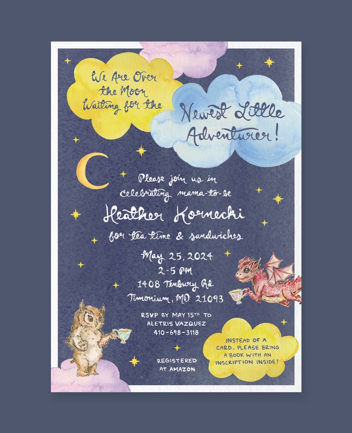 Baby shower theme: twinkle, twinkle little star meets dungeons &amp; dragons tea party 🌙  Sending good vibes to this mama to be! #twinkletwinklelittlestar #babyshowerinvitations #dungeonsanddragons #teaparty #babyshower #custominvitations #watercolo