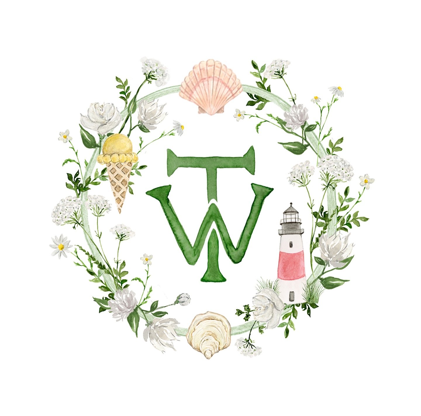 A coastal keepsake ~ this custom emblem brings together the couples favorite Nantucket details: white florals, coastal scallop and jingle shells, the lighthouse and the iconic ice cream shop, The Juice Bar 🐚✨🌿🍦

#watercolorcrest #emblem #nantucket