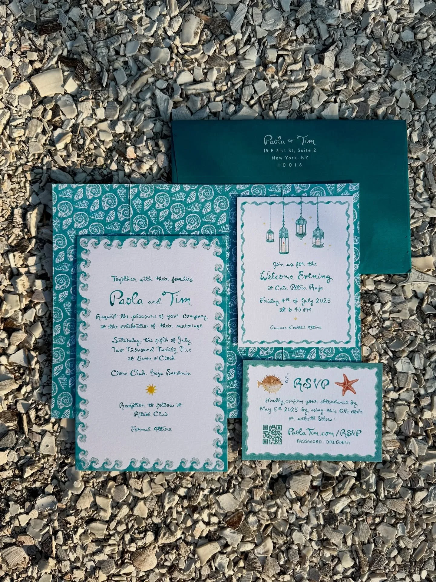 Sun + Sea in Sardinia ~ this suite was a dream to create for a wedding in Costa Smeralda, complete with a radiant sun, wave motifs, a playful star and puffer fish, and starry lanterns for the rehearsal dinner... tucked into a shell-patterned sleeve, 
