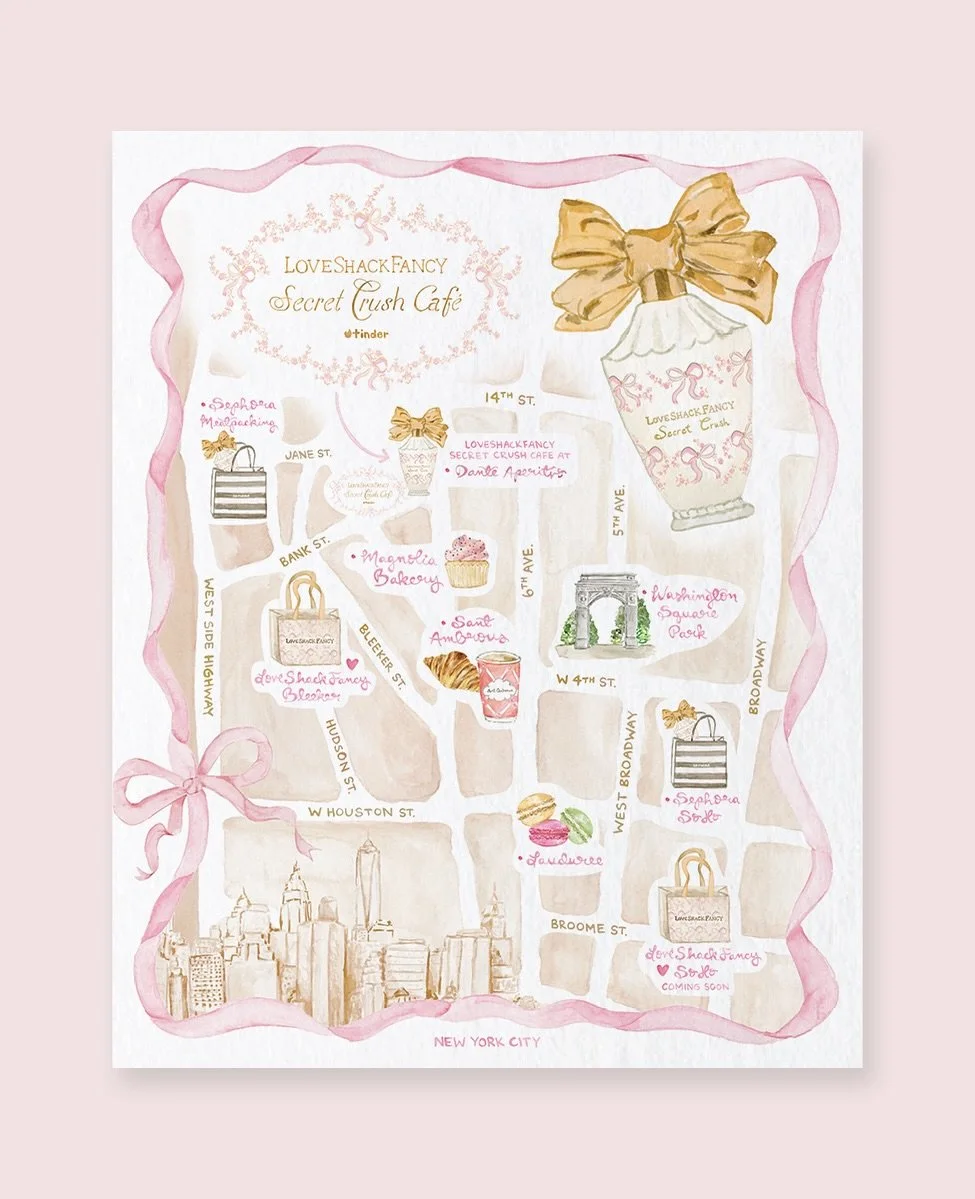 Secret Crush ~ an illustrated cover &amp; map for @loveshackfancy newest fragrance launch, highlighting some of their fav spots across West Village + SoHo 🎀🤍🌸

#watercolormap #customillustration #loveshackfancy #secretcrush #nycmap #thelandofla