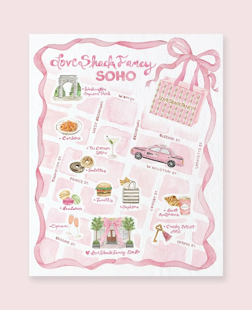 Hot off the press ~ an illustrated map and booklet cover celebrating @loveshackfancy new SoHo store debut, filled with @becknyc favorite neighborhood gems 🎀🗞️💕🚕 

#watercolormap #customillustration #loveshackfancy #loveshackfancysoho #sohomap #ny