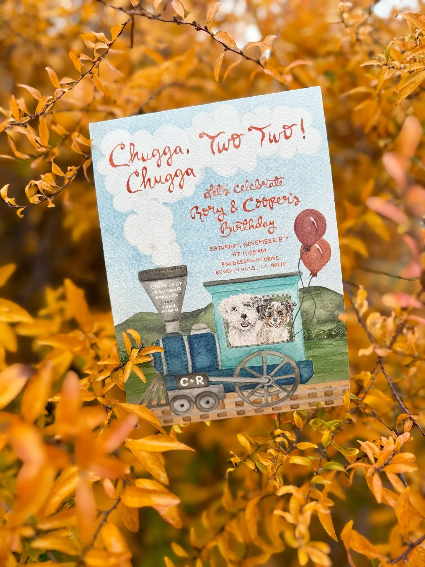 Chugga Chugga, two two ~ All aboard for a twin birthday celebration full of balloons, pups, and plenty of charm 🚂🎈 

#watercolorillustration #custominvitations #birthdayinvitations #trainbirthday #chuggachuggatwotwo #twinbirthday #secondbirthday #b