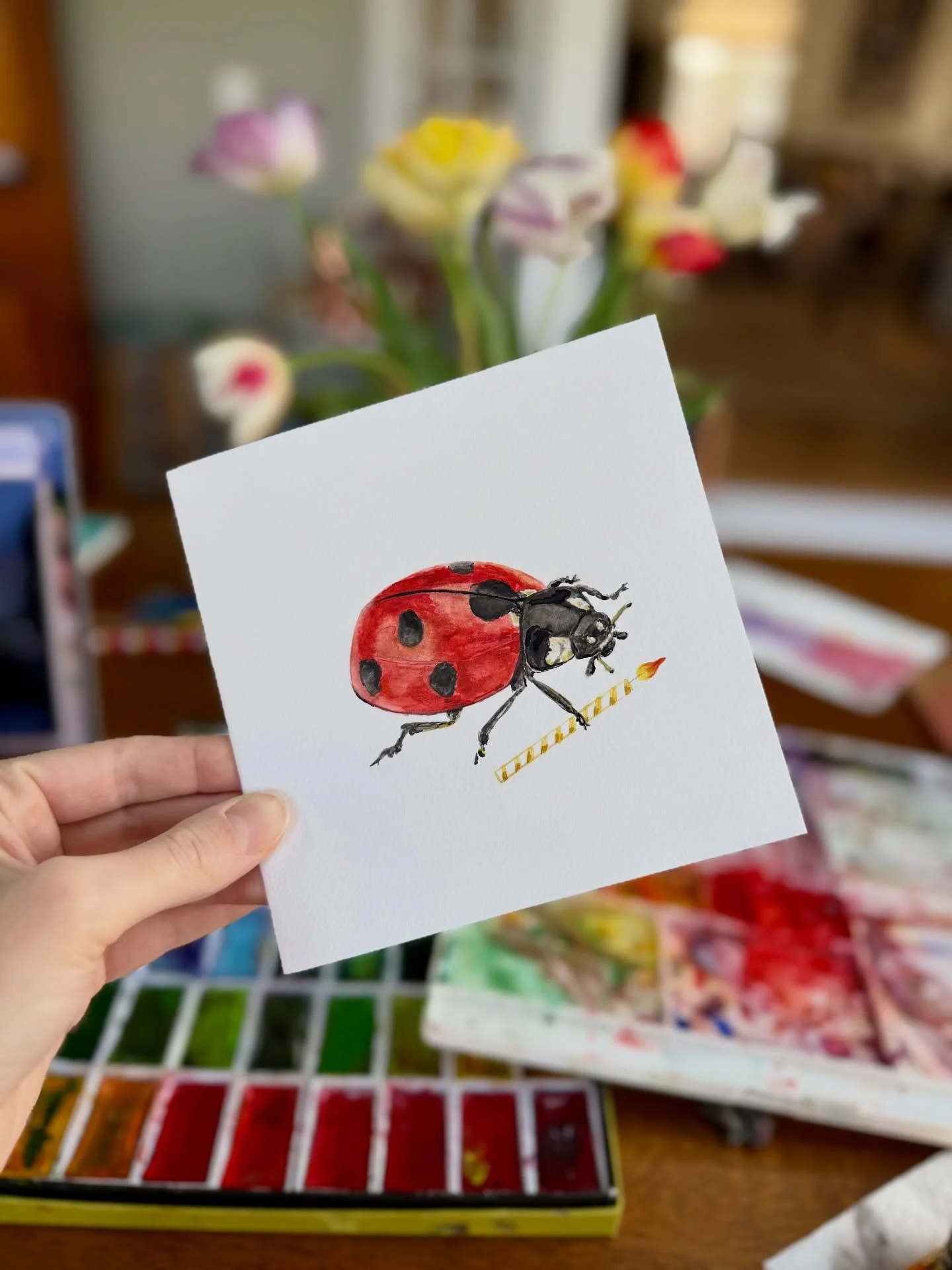 This little lady makes her debut ~ painted for my niece&rsquo;s 20th 🐞

#watercolorillustration #birthdaycard #stationerylove #illustratedcard #thelandofla​​​​​​​​​​​​​​​​