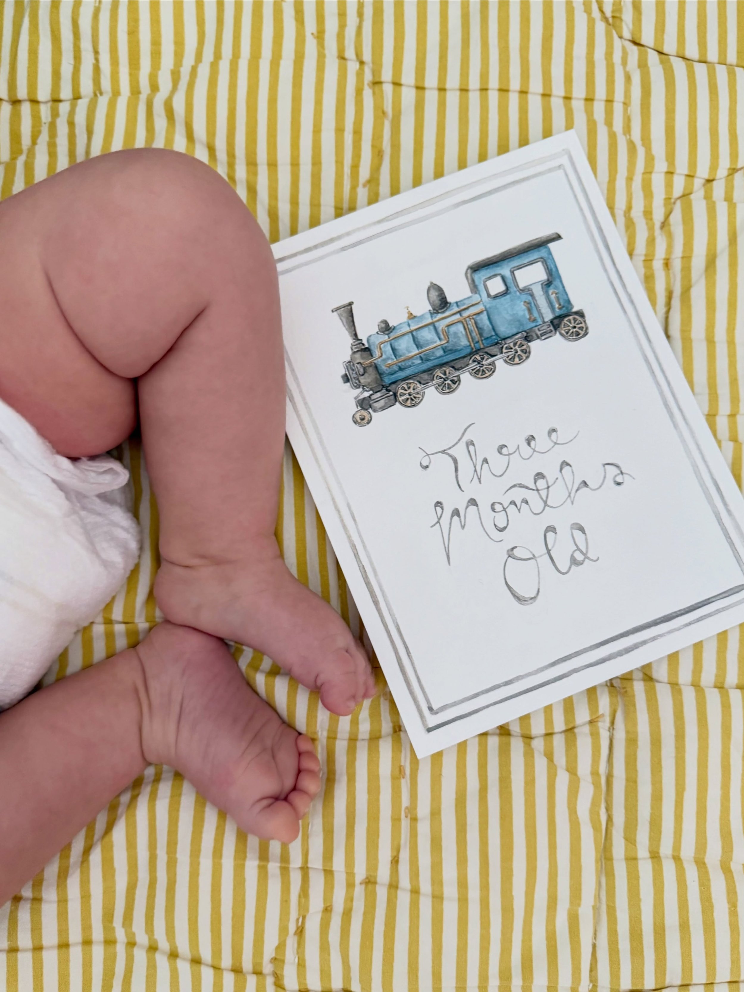 Three months along the track 🚂 

#watercolorillustration #babymilestone #milestonecard #illustration #thelandofla​​​​​​​​​​​​​​​​