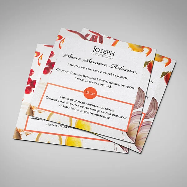 Three overlapping restaurant menus with colorful floral and food illustrations, written in Romanian, featuring dish descriptions and prices.