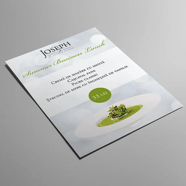 Restaurant menu titled "Joseph" offering a summer business lunch for 33 LEI, featuring dishes like cream of zucchini soup, scallop ceviche, classic pureed potatoes, and vanilla gelato with edible flowers.
