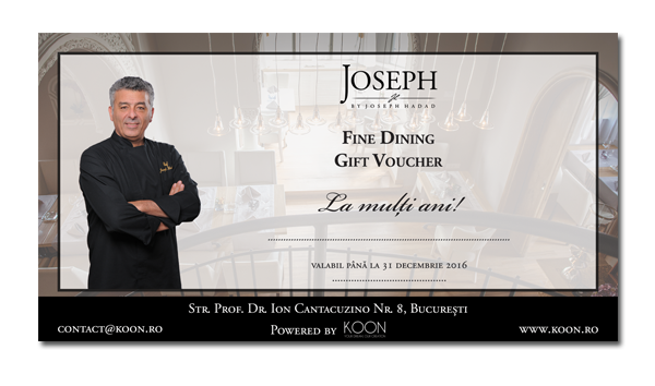 Gift voucher for fine dining from Joseph by Joseph Hadad, featuring a chef standing with arms crossed in a restaurant setting, with text in Romanian indicating the voucher is valid until December 31, 2016, and contact information at the bottom.