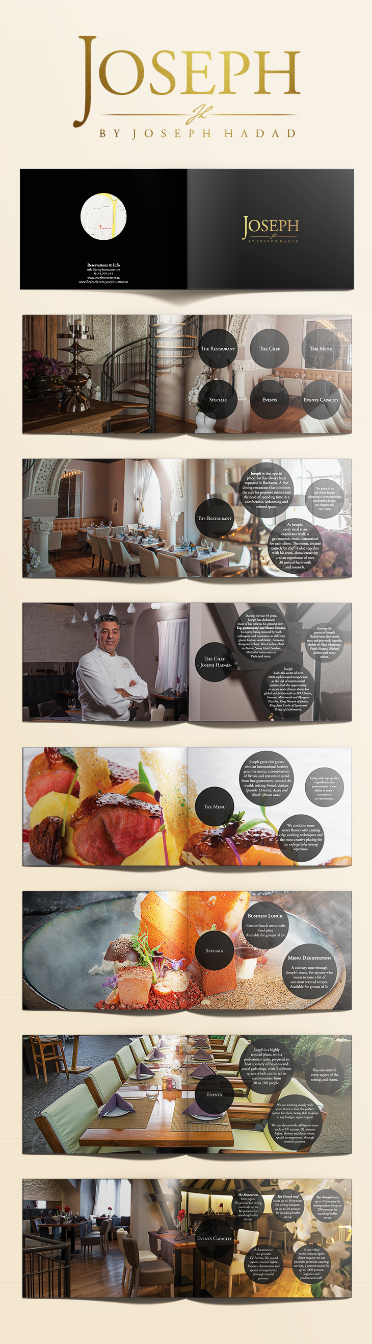 Brochure or promotional material for Joseph restaurant by Joseph Hadad, featuring the restaurant's logo, interior dining areas, chef, food dishes, and information about events and menu.