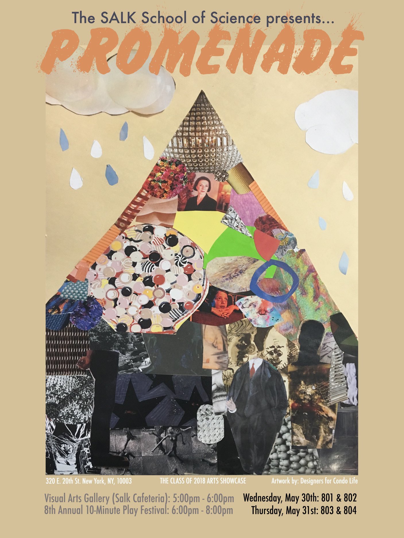  a poster design for play written by students featuring a collage in a triangle shape with images representing wealth, immigration, and a rain cloud, advertising a middle school arts showcase 