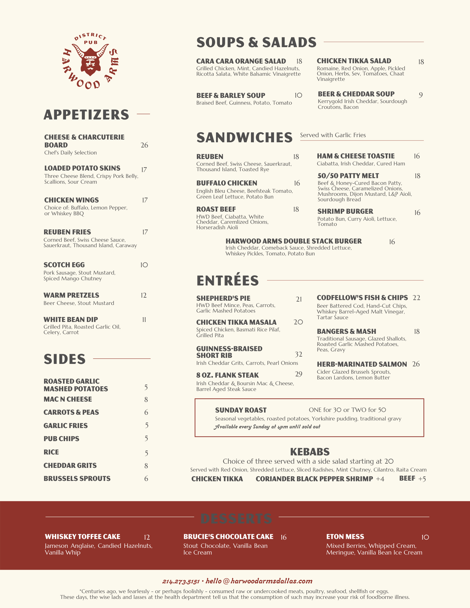 Dinner Menu — Harwood Arms