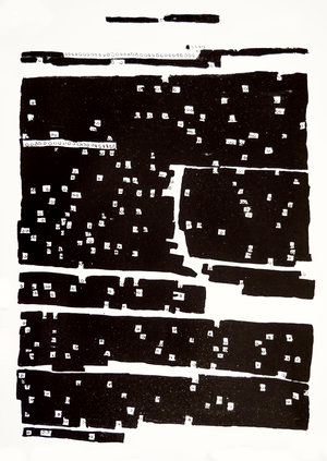 High-contrast black and white image of a printed circuit board with various small components and tracks.