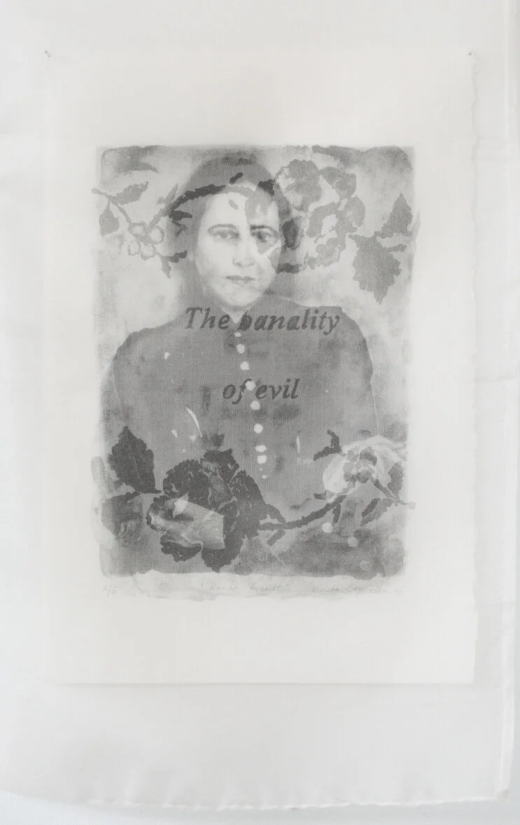 Violeta Čapovska, Hannah Arendt and the banality of evil, 2016, Lithograph on BFK Rives paper and silk organza Edition of 4, size: 28.5 x 19.5 cm.