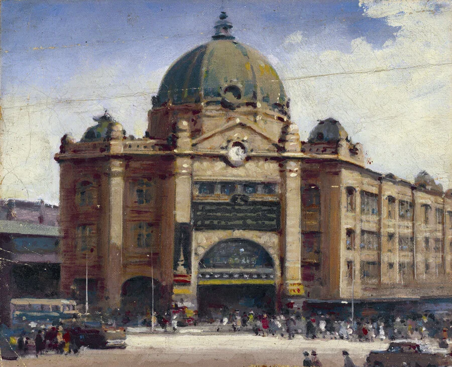 James Northfield, Flinders Street Station, Melbourne, c.1940s, oil on masonite, 22 x 38cm, private collection. Image courtesy of JNHAT archives.