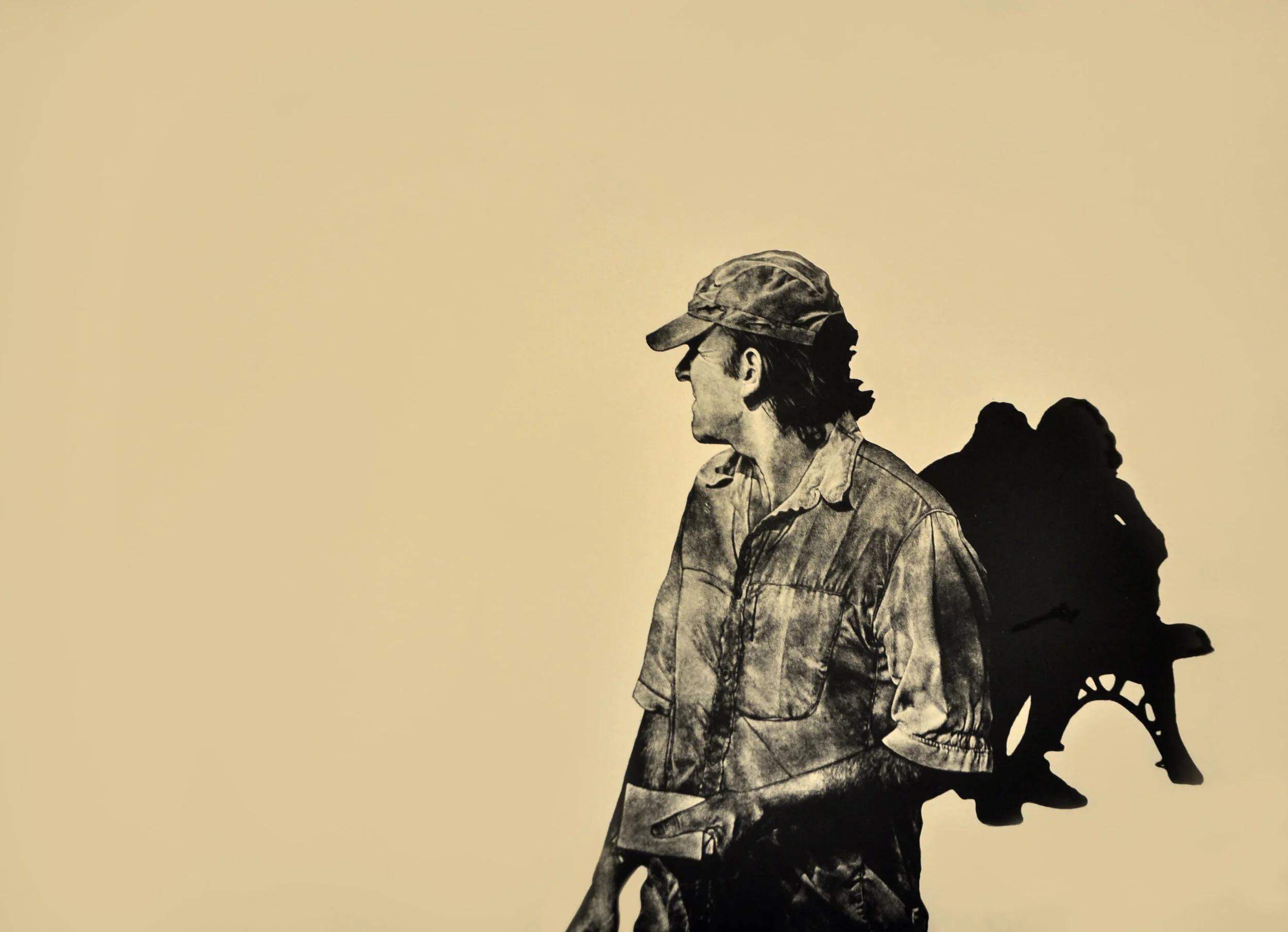 A silhouette of a woman standing and a dog in front of a beige background, with the woman wearing a cap and jacket, and the dog sitting beside her.