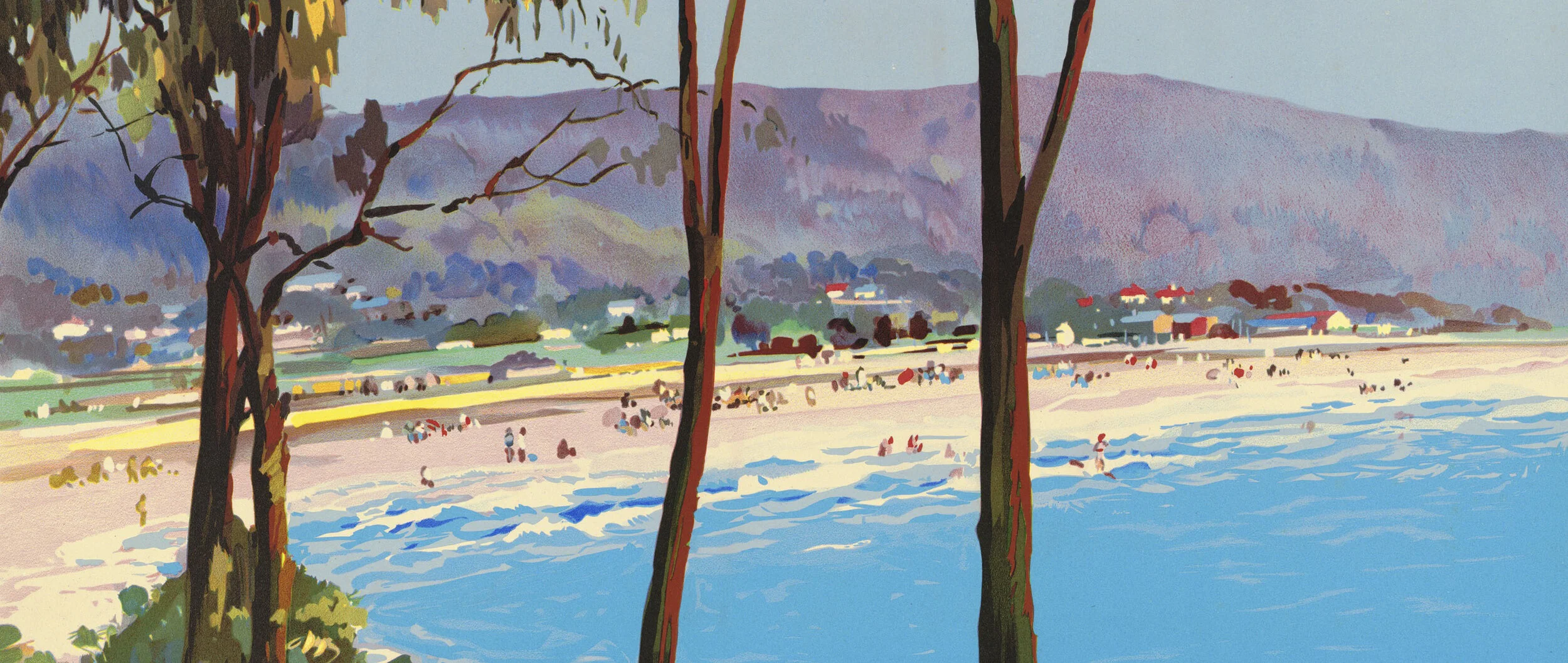 A painted landscape of a beach scene with water, sandy shore, trees in the foreground, and a town with houses and buildings along the coastline, with mountains in the background.