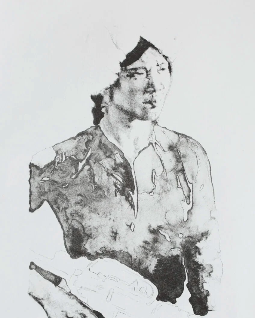 Black and white sketch of a woman sitting with a serious expression, her hair tied back, wearing a button-up shirt and glasses, with an indistinct object in her lap.