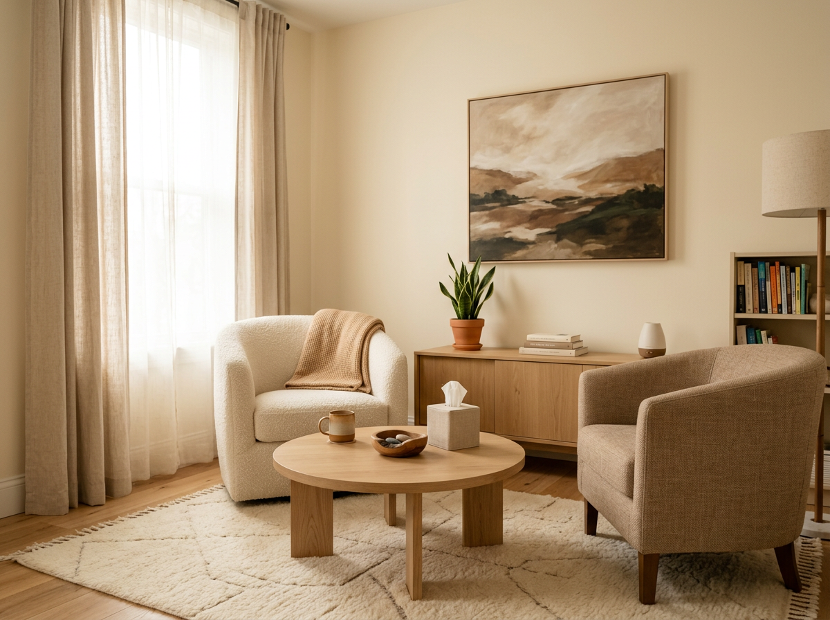 Warm, inviting betrayal trauma therapy space for women at Resilient Light Counseling in Utah and Idaho
