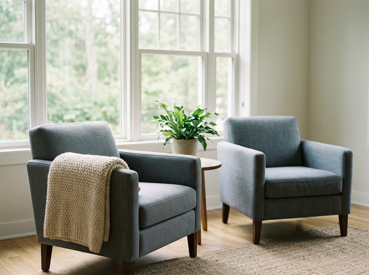 Two chairs angled toward each other in warm counseling space for couples therapy after infidelity and betrayal recovery in Utah and Idaho