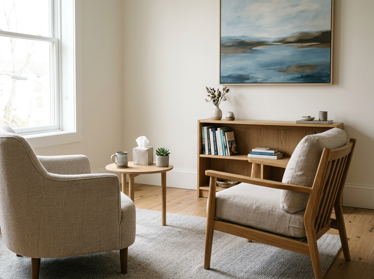 Warm therapy space for clients in an affirming space with Becky Ruff APSATS-certified therapist in Utah and Idaho.