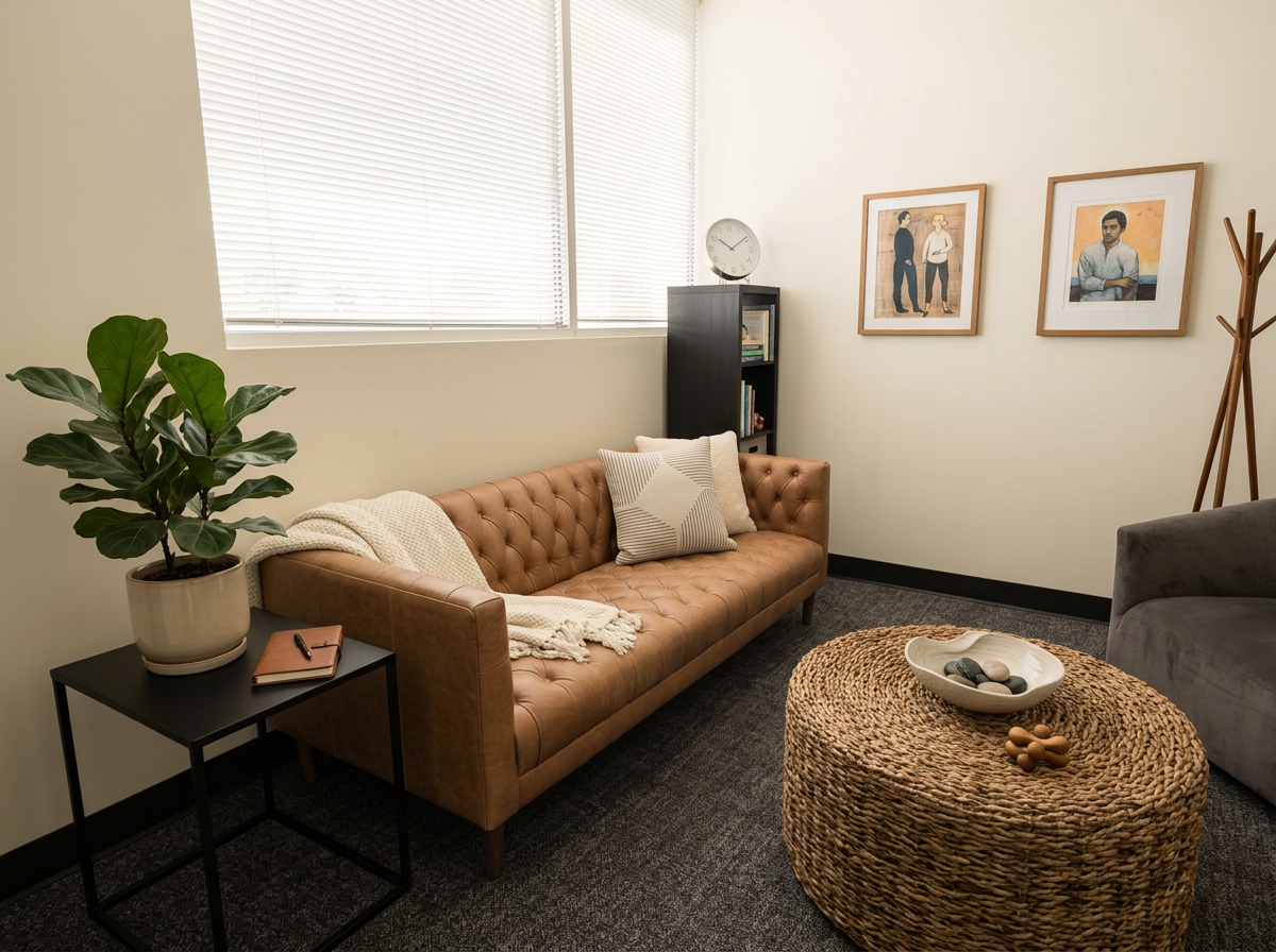 Betrayal trauma therapy office at Resilient Light Counseling in Utah. 	Welcoming counseling chair symbolizing safe space for healing at Resilient Light Counseling Utah and Idaho