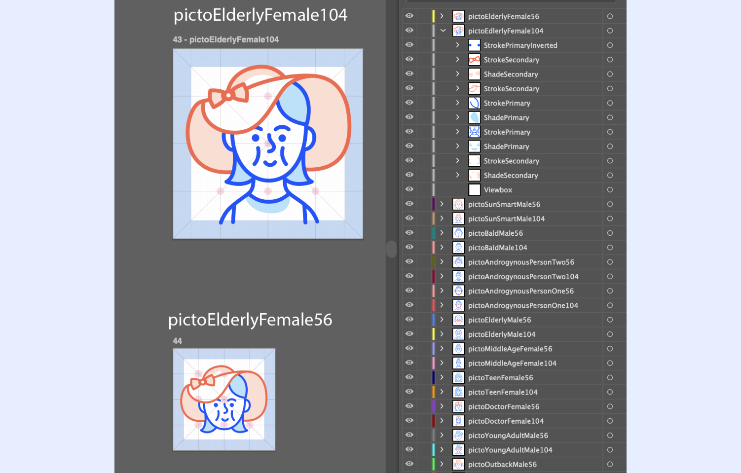 A screenshot from Adobe Illustrator showing the individual layers used to create pictos.