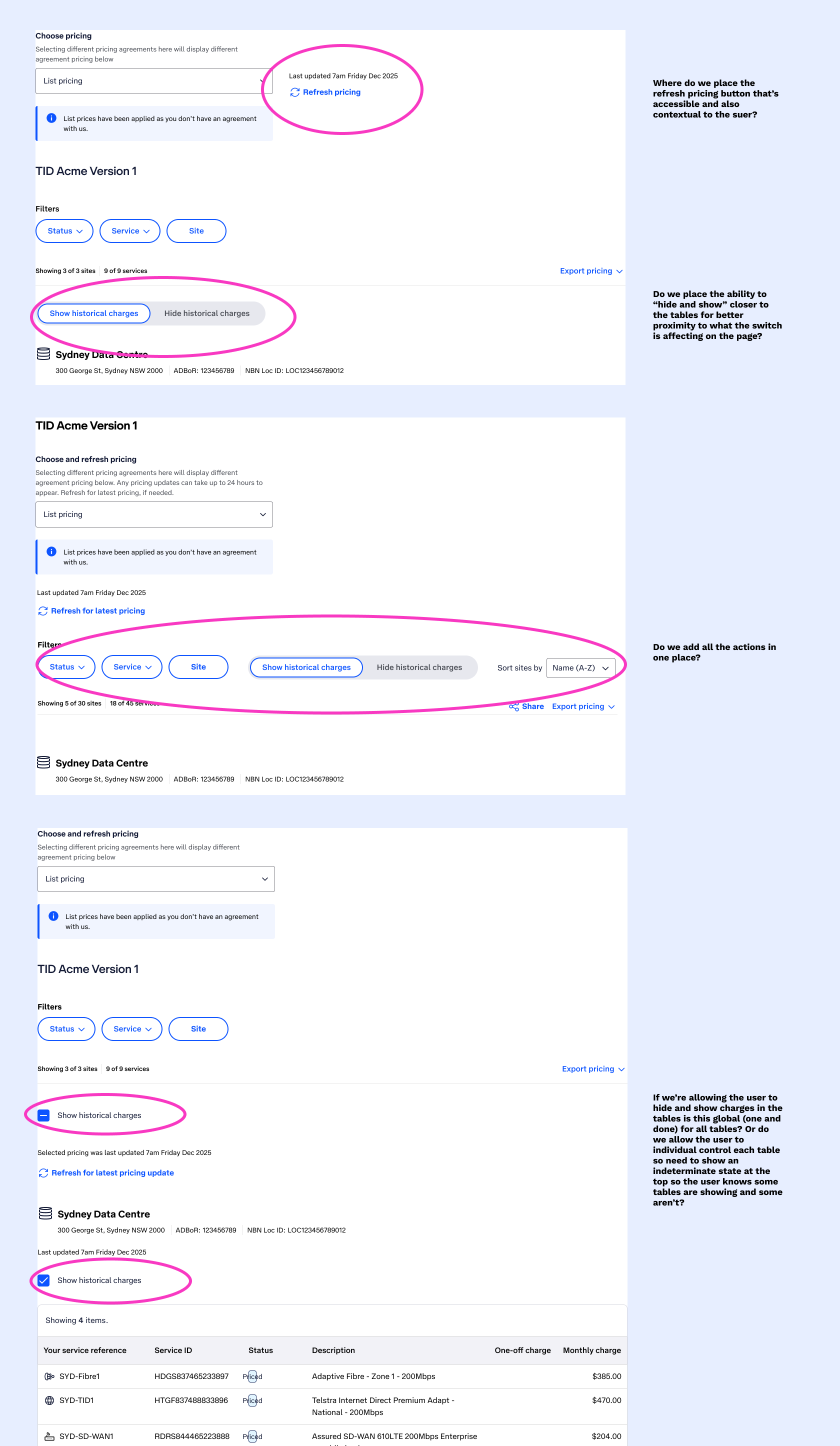 An image showing various design explorations for where on the page the new requirements could potentially sit.